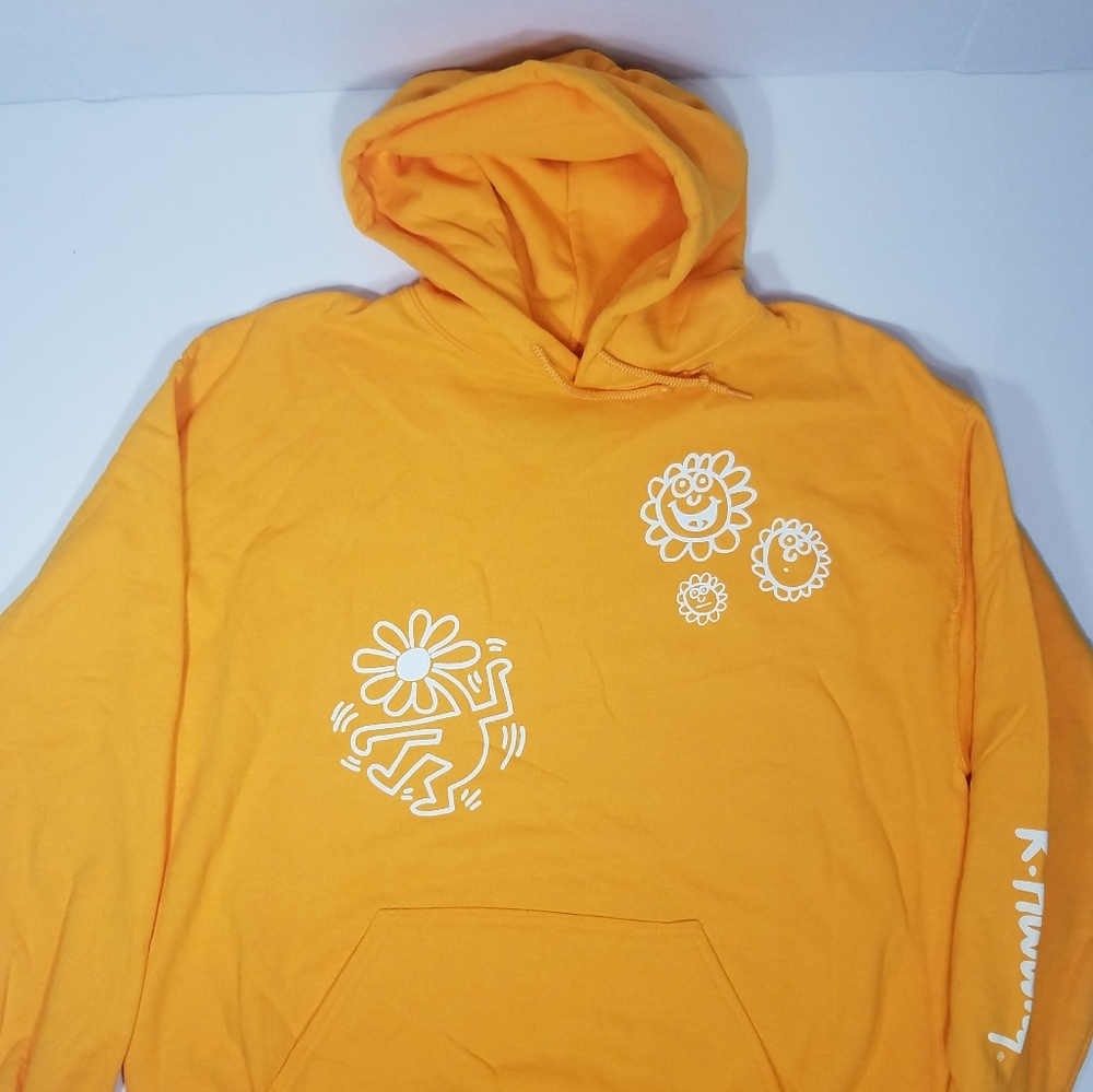 NEW! RARE KEITH HARING LARGE YELLOW HEAVY GRAPHIC SWEATSHIRT PULLOVER HOODIE